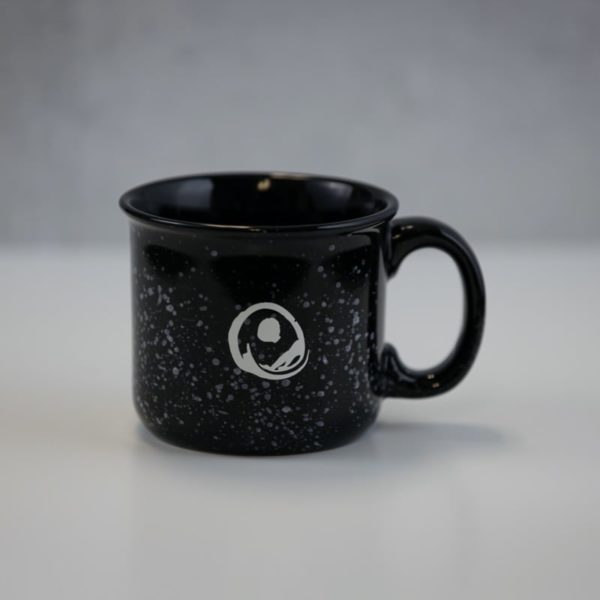 Black ceramic camper mug with Kéan Coffee Logo